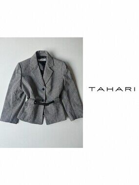Tahari Arthur S. Levine Petite 8P Houndstooth Wool Blend Belted Blazer Black Whi
